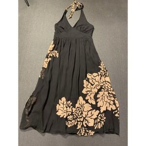 Jonathan Martin‎ Black Gold Floral Silk Halter Dress 10 Vintage